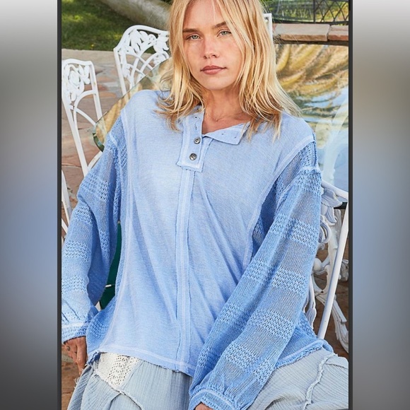 NWOT POL lace sleeve vintage washed blue top size large - Picture 4 of 4